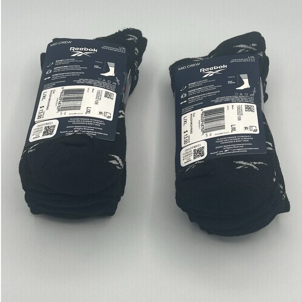 Reebok Mid Crew Performance Training Black Logo Socks - Men's Size 8.5 - 12.5